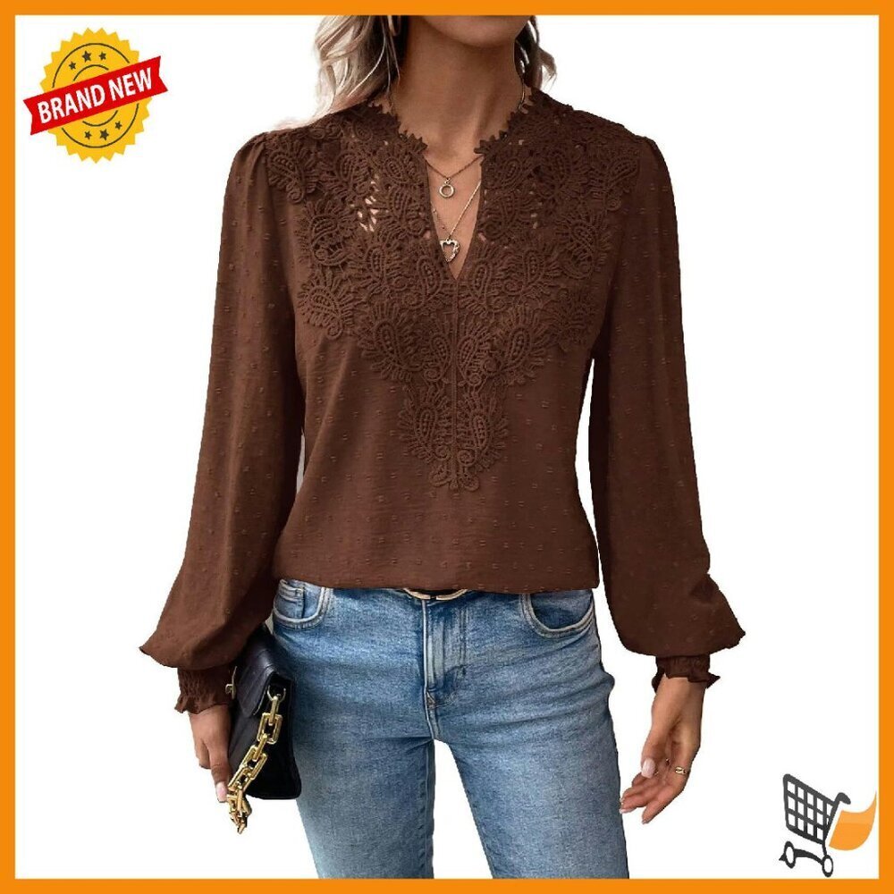 Swiss Dot Chiffon Blouse Long Sleeve V Neck Lace Hem Boho